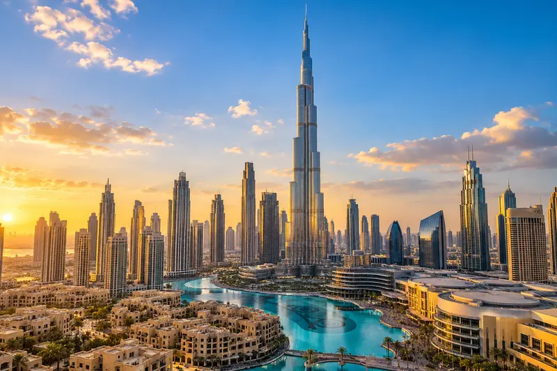 برج خليفة وناطحات سحاب دبي تطل على حوض مائي عند الغروب