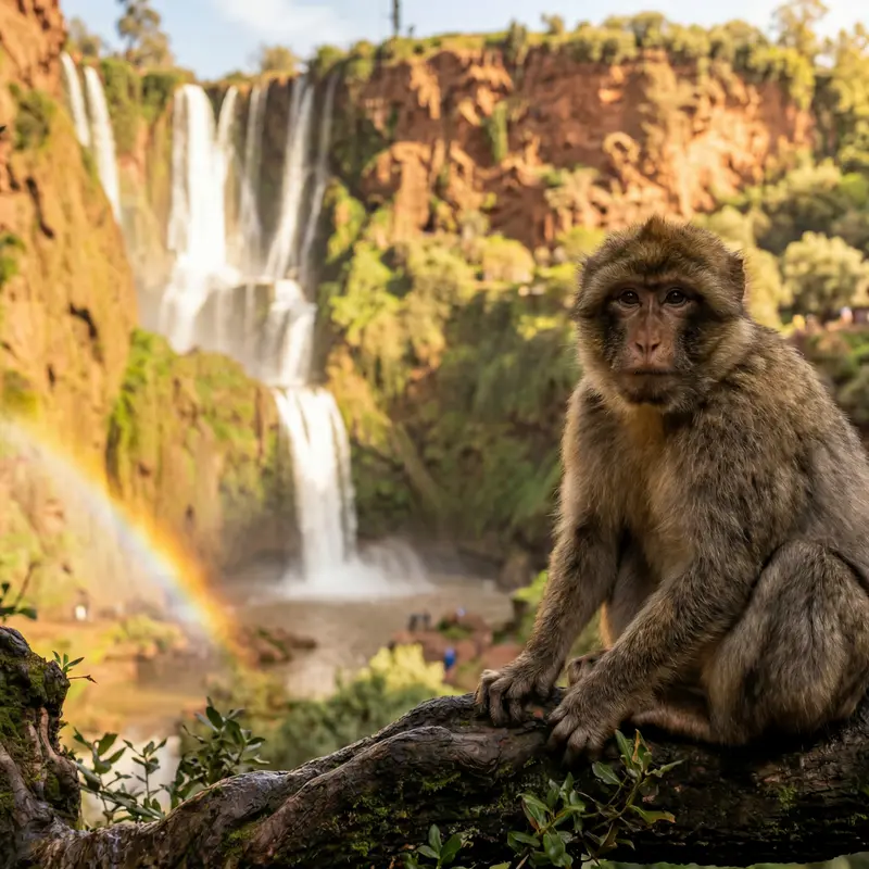 Macaque au premier plan devant les cascades d’Ouzoud et un arc-en-ciel